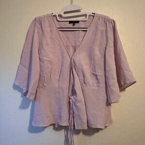 7 For All Man Kind, Purple Wrap Front Top Petal Short Sleeve Silk Blend XS